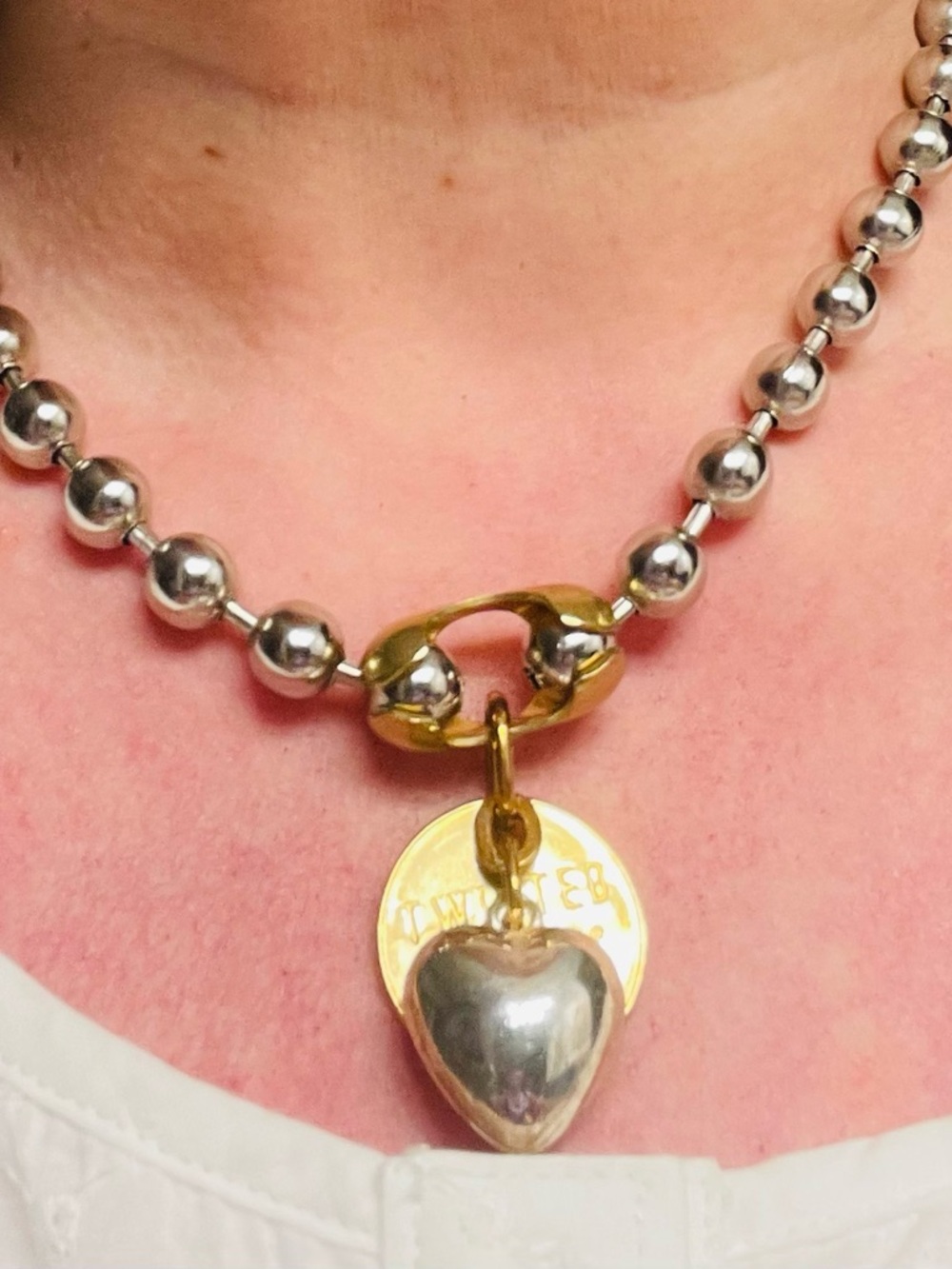 Boutique Twisted Silver Two Toned Heart & Silver Bead Necklace